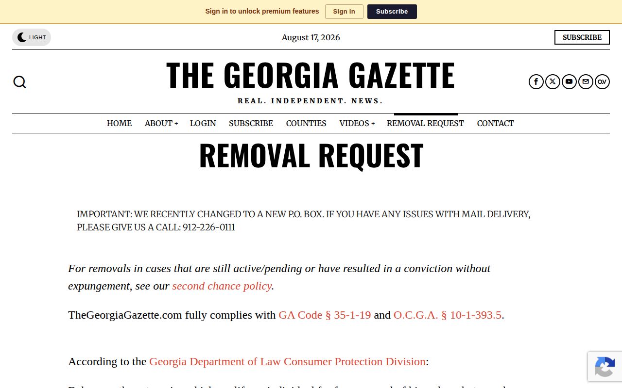 Morgan County Georgia news publisher statutory record-removal instructions